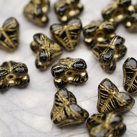 亮面经典黑色mix描金色~铃兰扁形古董珠形四叶花托捷克珠玻璃珠琉璃珠 9X13MM