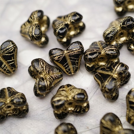 亮面经典黑色mix描金色~铃兰扁形古董珠形四叶花托捷克珠玻璃珠琉璃珠 9X13MM-7