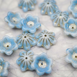 亮面云朵奶油蓝描金色~小碗花贝尔铃铛花铃兰捷克珠玻璃琉璃珠 14MM