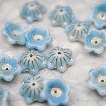 亮面云朵奶油蓝描金色~小碗花贝尔铃铛花铃兰捷克珠玻璃琉璃珠 14MM-2