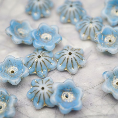亮面云朵奶油蓝描金色~小碗花贝尔铃铛花铃兰捷克珠玻璃琉璃珠 14MM-4