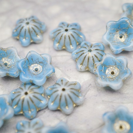 亮面云朵奶油蓝描金色~小碗花贝尔铃铛花铃兰捷克珠玻璃琉璃珠 14MM-3