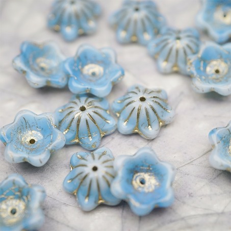 亮面云朵奶油蓝描金色~小碗花贝尔铃铛花铃兰捷克珠玻璃琉璃珠 14MM-5
