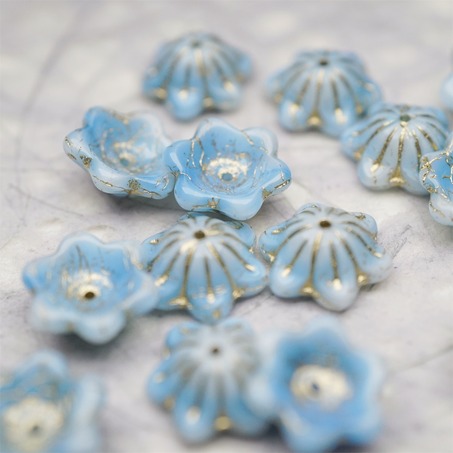 亮面云朵奶油蓝描金色~小碗花贝尔铃铛花铃兰捷克珠玻璃琉璃珠 14MM-6