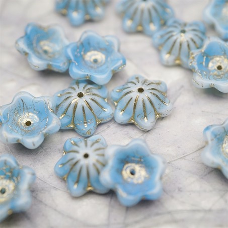 亮面云朵奶油蓝描金色~小碗花贝尔铃铛花铃兰捷克珠玻璃琉璃珠 14MM-7