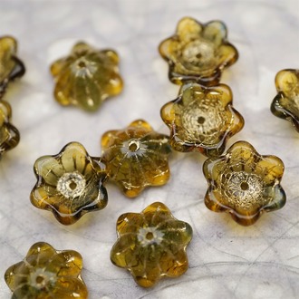 亮面透感深茶琥珀渐变mix描金色~小碗花贝尔铃铛花铃兰捷克珠玻璃琉璃珠 14MM