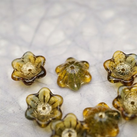 亮面透感深茶琥珀渐变mix描金色~小碗花贝尔铃铛花铃兰捷克珠玻璃琉璃珠 14MM-4