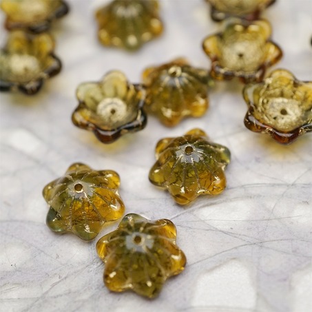 亮面透感深茶琥珀渐变mix描金色~小碗花贝尔铃铛花铃兰捷克珠玻璃琉璃珠 14MM-3