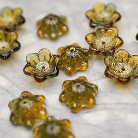 亮面透感深茶琥珀渐变mix描金色~小碗花贝尔铃铛花铃兰捷克珠玻璃琉璃珠 14MM-2