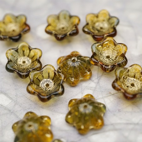 亮面透感深茶琥珀渐变mix描金色~小碗花贝尔铃铛花铃兰捷克珠玻璃琉璃珠 14MM-5