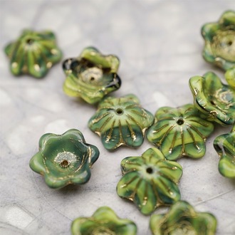 亮面荆棘丛林绿渐变mix描金色~小碗花贝尔铃铛花铃兰捷克珠玻璃琉璃珠 14MM