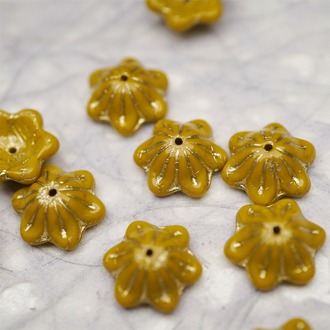 亮面深姜黄色描金色~小碗花贝尔铃铛花铃兰捷克珠玻璃琉璃珠 14MM