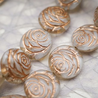 透明奶油白夹心mix描玫瑰金色~浮雕玫瑰扁圆捷克珠玻璃琉璃 17MM