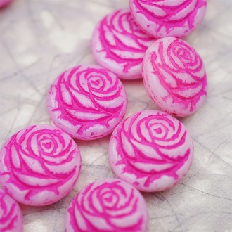 荧光亮粉色~浮雕玫瑰扁圆捷克珠玻璃琉璃 17MM