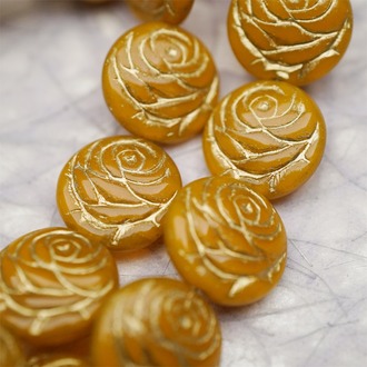 复古橘色描金色~浮雕玫瑰扁圆捷克珠玻璃琉璃 17MM