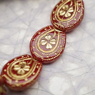 复古深红描金色~趣味马蹄铁形四叶草花纹捷克珠玻璃琉璃珠 21X18MM