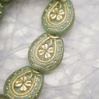 复古透绿条纹mix描金色~趣味马蹄铁形四叶草花纹捷克珠玻璃琉璃珠 21X18MM