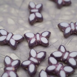 纯白色拼色光泽紫色边边~高定蝴蝶珠捷克珠玻璃琉璃珠 20X12MM