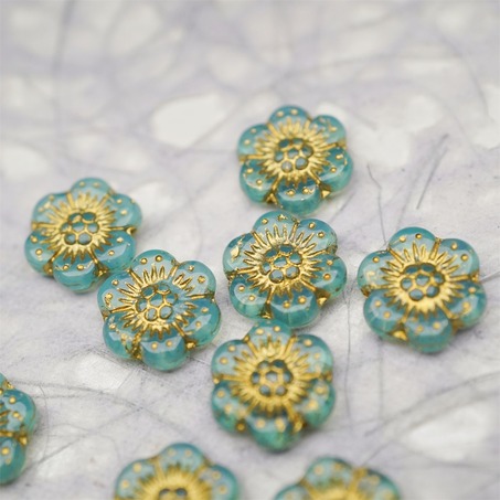 果冻蓝绿色描金~小号樱花捷克珠玻璃琉璃珠 14MM-2