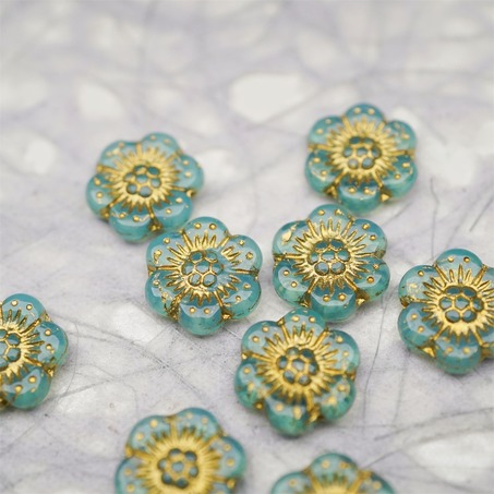 果冻蓝绿色描金~小号樱花捷克珠玻璃琉璃珠 14MM