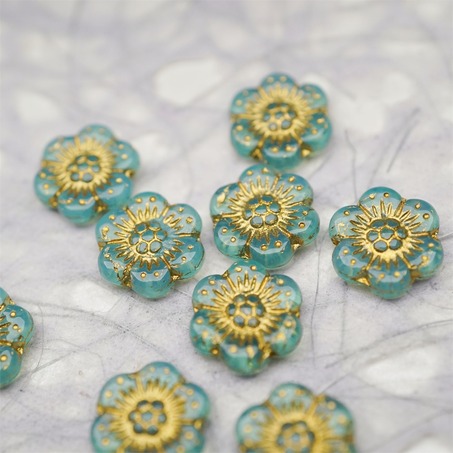 果冻蓝绿色描金~小号樱花捷克珠玻璃琉璃珠 14MM-5