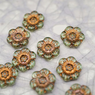 透浅浅绿色描古铜金~小号樱花捷克珠玻璃琉璃珠 14MM