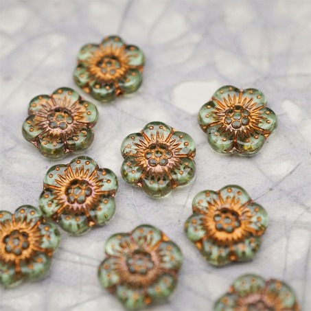 透浅浅绿色描古铜金~小号樱花捷克珠玻璃琉璃珠 14MM