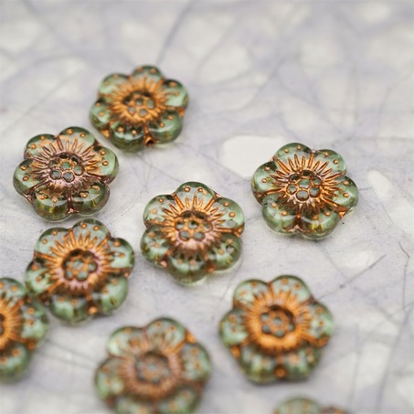 透浅浅绿色描古铜金~小号樱花捷克珠玻璃琉璃珠 14MM-2