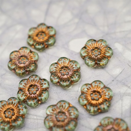 透浅浅绿色描古铜金~小号樱花捷克珠玻璃琉璃珠 14MM-4