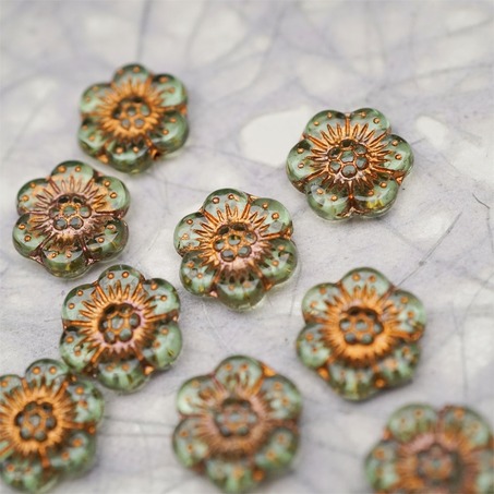 透浅浅绿色描古铜金~小号樱花捷克珠玻璃琉璃珠 14MM-5