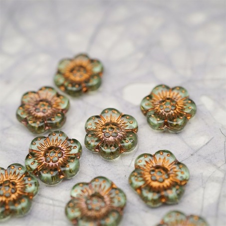 透浅浅绿色描古铜金~小号樱花捷克珠玻璃琉璃珠 14MM-6