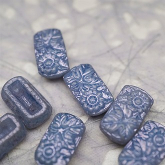 复古做旧蓝色~双孔方形古董珠型浮雕向日葵花朵花纹捷克珠玻璃琉璃珠 19X11MM
