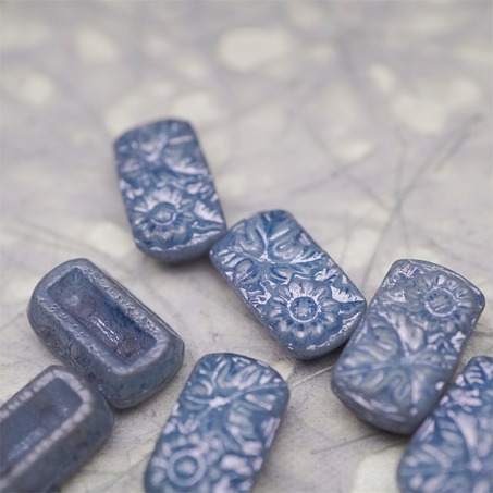 复古做旧蓝色~双孔方形古董珠型浮雕向日葵花朵花纹捷克珠玻璃琉璃珠 19X11MM-4