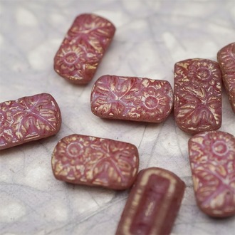 复古斑驳深粉色~双孔方形古董珠型浮雕向日葵花朵花纹捷克珠玻璃琉璃珠 19X11MM
