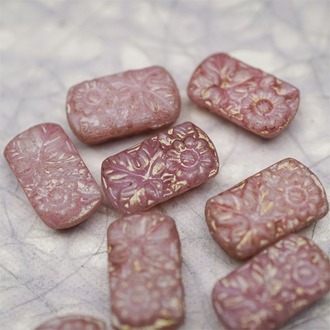 复古斑驳浅粉色~双孔方形古董珠型浮雕向日葵花朵花纹捷克珠玻璃琉璃珠 19X11MM