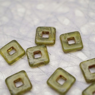 复古雾面斑驳绿色~空心方块正方形大孔平安扣型捷克珠玻璃琉璃珠 12MM