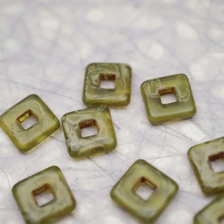 复古雾面斑驳绿色~空心方块正方形大孔平安扣型捷克珠玻璃琉璃珠 12MM