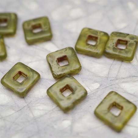 复古雾面斑驳绿色~空心方块正方形大孔平安扣型捷克珠玻璃琉璃珠 12MM-2