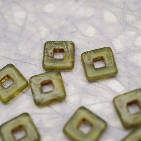 复古雾面斑驳绿色~空心方块正方形大孔平安扣型捷克珠玻璃琉璃珠 12MM-3