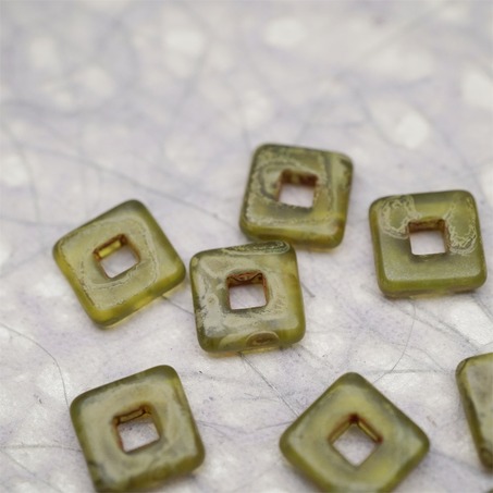 复古雾面斑驳绿色~空心方块正方形大孔平安扣型捷克珠玻璃琉璃珠 12MM-5