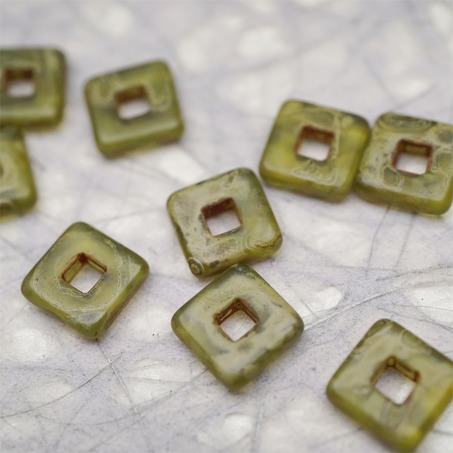 复古雾面斑驳绿色~空心方块正方形大孔平安扣型捷克珠玻璃琉璃珠 12MM-4