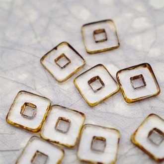 透明做旧毕加索色边缘~空心方块正方形大孔平安扣型捷克珠玻璃琉璃珠 12MM