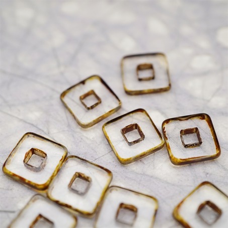 透明做旧毕加索色边缘~空心方块正方形大孔平安扣型捷克珠玻璃琉璃珠 12MM-5