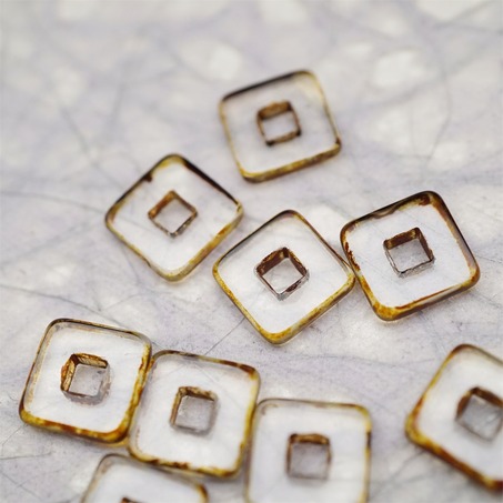 透明做旧毕加索色边缘~空心方块正方形大孔平安扣型捷克珠玻璃琉璃珠 12MM-6