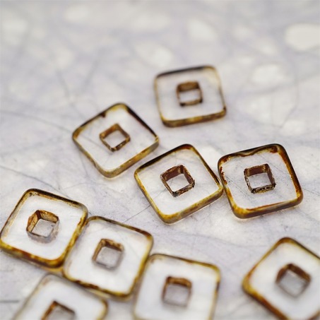 透明做旧毕加索色边缘~空心方块正方形大孔平安扣型捷克珠玻璃琉璃珠 12MM-7