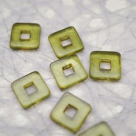 透明橄榄透绿色毕加索色边~空心方块正方形大孔平安扣型捷克珠玻璃琉璃珠 12MM-1