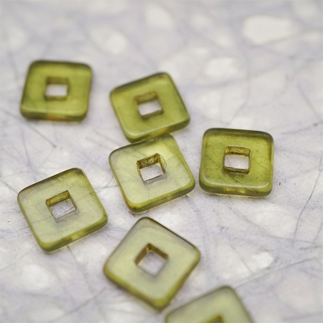 透明橄榄透绿色毕加索色边~空心方块正方形大孔平安扣型捷克珠玻璃琉璃珠 12MM-2