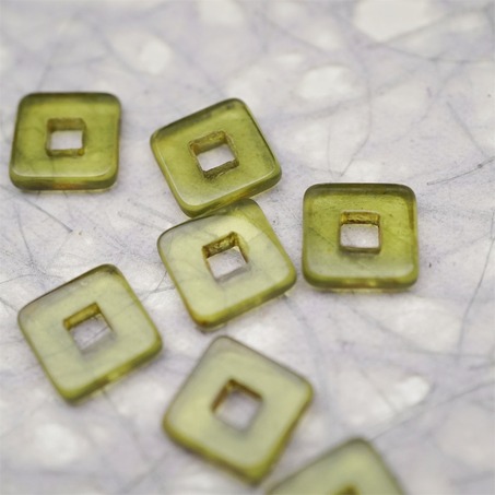 透明橄榄透绿色毕加索色边~空心方块正方形大孔平安扣型捷克珠玻璃琉璃珠 12MM-4