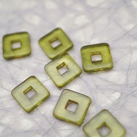 透明橄榄透绿色毕加索色边~空心方块正方形大孔平安扣型捷克珠玻璃琉璃珠 12MM