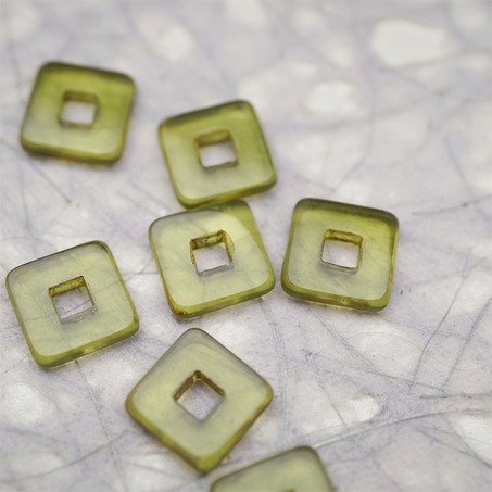 透明橄榄透绿色毕加索色边~空心方块正方形大孔平安扣型捷克珠玻璃琉璃珠 12MM-5